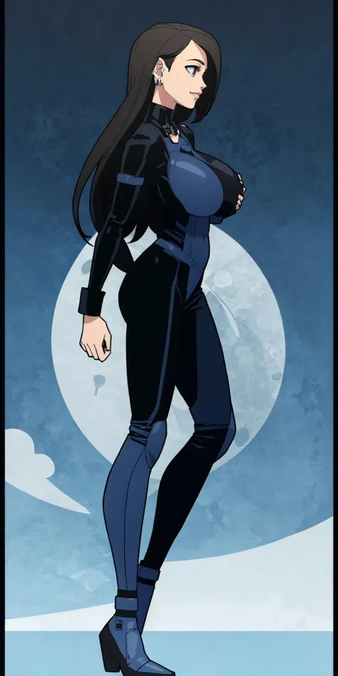 masterpiece, high quality, best quality, 1girl, solo, (muscular female:1.0), (super gigantic breasts:1.0), (closed mouth, half smile), harah, long hair, brown hair, blue eyes, dark skin, large breasts, earrings, (black and blue color-blocked bodysuit:1.50), (((blue on the sides and black on the middle of the bodysuit:1.5))), lips, blue sclera, anime screencap, anime key visual, (fully clothed:1.0), full body <lora:Harah:1.0>