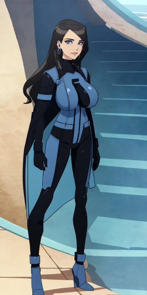 masterpiece, high quality, best quality, 1girl, solo, (muscular female:1.0), (super gigantic breasts:1.0), (closed mouth, half smile), harah, long hair, brown hair, blue eyes, dark skin, large breasts, earrings, (black and blue color-blocked bodysuit:1.50), (((blue on the sides and black on the middle of the bodysuit:1.5))), lips, blue sclera, anime screencap, anime key visual, (fully clothed:1.0), full body <lora:Harah:1.0>