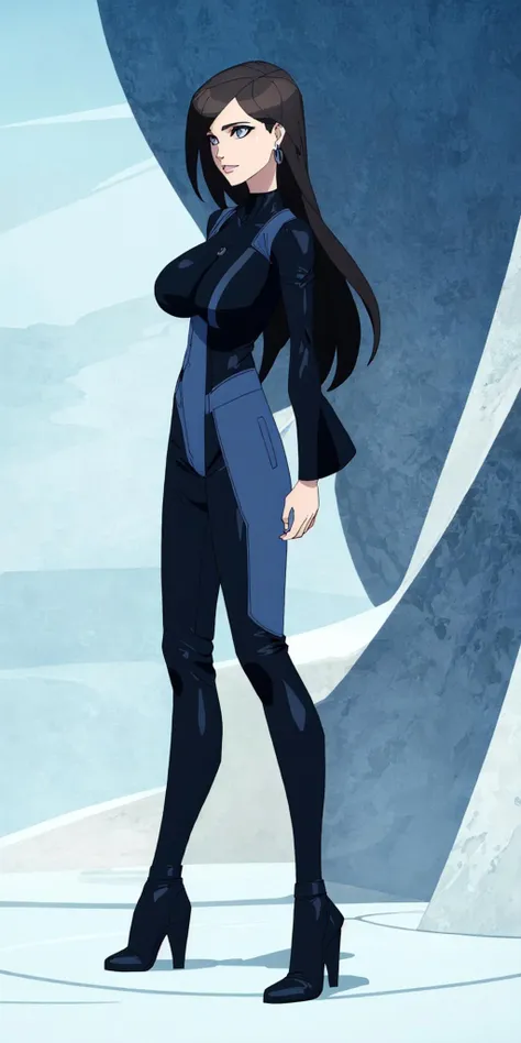 masterpiece, high quality, best quality, 1girl, solo, (muscular female:1.0), (super gigantic breasts:1.0), (closed mouth, half smile), harah, long hair, brown hair, blue eyes, dark skin, large breasts, earrings, (black and blue color-blocked bodysuit:1.50), (((blue on the sides and black on the middle of the bodysuit:1.5))), lips, blue sclera, anime screencap, anime key visual, (fully clothed:1.0), full body <lora:Harah:1.0>