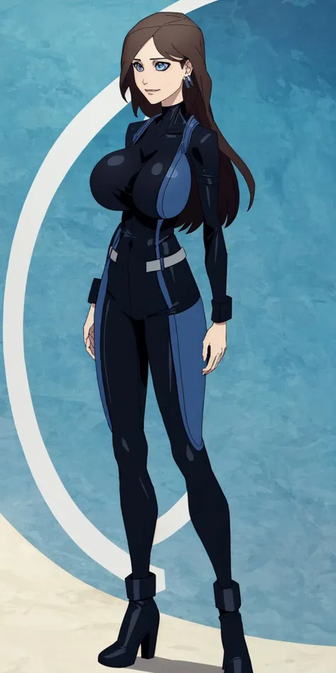masterpiece, high quality, best quality, 1girl, solo, (muscular female:1.0), (super gigantic breasts:1.0), (closed mouth, half smile), harah, long hair, brown hair, blue eyes, dark skin, large breasts, earrings, (black and blue color-blocked bodysuit:1.50), ((blue on the sides and black on the middle of the bodysuit)), lips, blue sclera, anime screencap, anime key visual, (fully clothed:1.0), full body <lora:Harah:1.0>