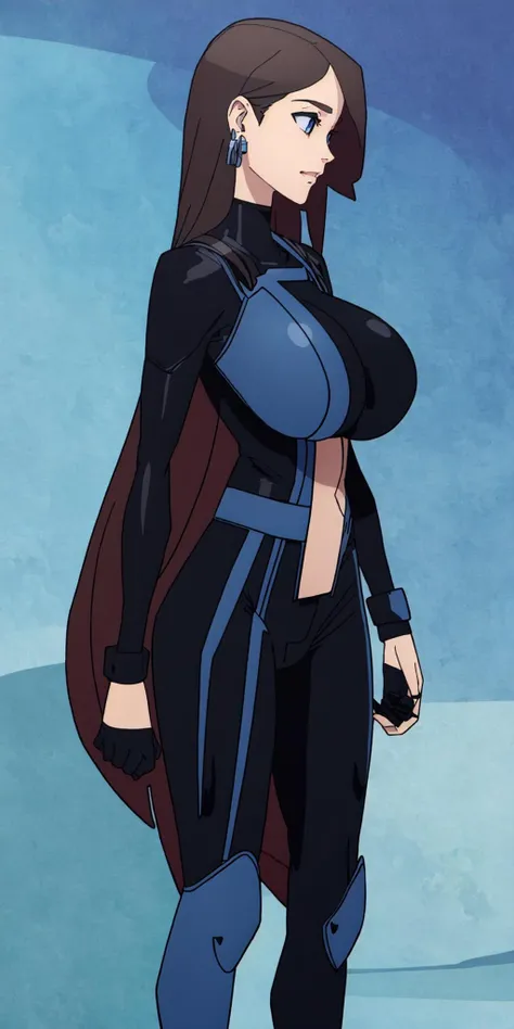 masterpiece, high quality, best quality, 1girl, solo, (muscular female:1.0), (super gigantic breasts:1.0), (closed mouth, half smile), harah, long hair, brown hair, blue eyes, dark skin, large breasts, earrings, (black and blue color-blocked bodysuit:1.50), (((blue on the sides and black on the middle of the bodysuit:1.5))), lips, blue sclera, anime screencap, anime key visual, (fully clothed:1.0), full body <lora:Harah:1.0>