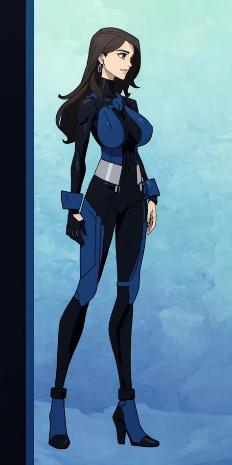 masterpiece, high quality, best quality, 1girl, solo, (muscular female:1.0), (super gigantic breasts:1.0), (closed mouth, half smile), harah, long hair, brown hair, blue eyes, dark skin, large breasts, earrings, (black and blue color-blocked bodysuit:1.50), (((blue on the sides and black on the middle of the bodysuit:1.5))), lips, blue sclera, anime screencap, anime key visual, (fully clothed:1.0), full body <lora:Harah:1.0>