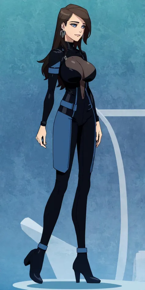 masterpiece, high quality, best quality, 1girl, solo, (muscular female:1.0), (super gigantic breasts:1.0), (closed mouth, half smile), harah, long hair, brown hair, blue eyes, dark skin, large breasts, earrings, (black and blue color-blocked bodysuit:1.50), (((blue on the sides and black on the middle of the bodysuit:1.5))), lips, blue sclera, anime screencap, anime key visual, (fully clothed:1.0), full body <lora:Harah:1.0>