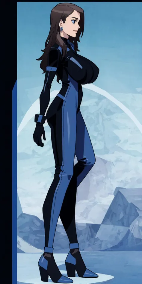 masterpiece, high quality, best quality, 1girl, solo, (muscular female:1.0), (super gigantic breasts:1.0), (closed mouth, half smile), harah, long hair, brown hair, blue eyes, dark skin, large breasts, earrings, (black and blue color-blocked bodysuit:1.50), (((blue on the sides and black on the middle of the bodysuit:1.5))), lips, blue sclera, anime screencap, anime key visual, (fully clothed:1.0), full body <lora:Harah:1.0>