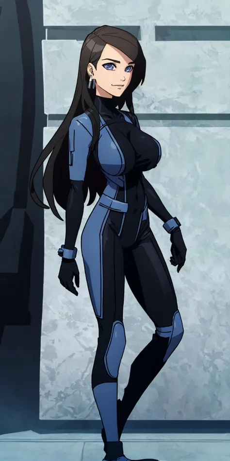 masterpiece, high quality, best quality, 1girl, solo, (muscular female:1.0), (super gigantic breasts:1.0), (closed mouth, half smile), harah, long hair, brown hair, blue eyes, dark skin, large breasts, earrings, (black and blue color-blocked bodysuit:1.50), (((blue on the sides and black on the middle of the bodysuit:1.5))), lips, blue sclera, anime screencap, anime key visual, (fully clothed:1.0), full body <lora:Harah:1.0>