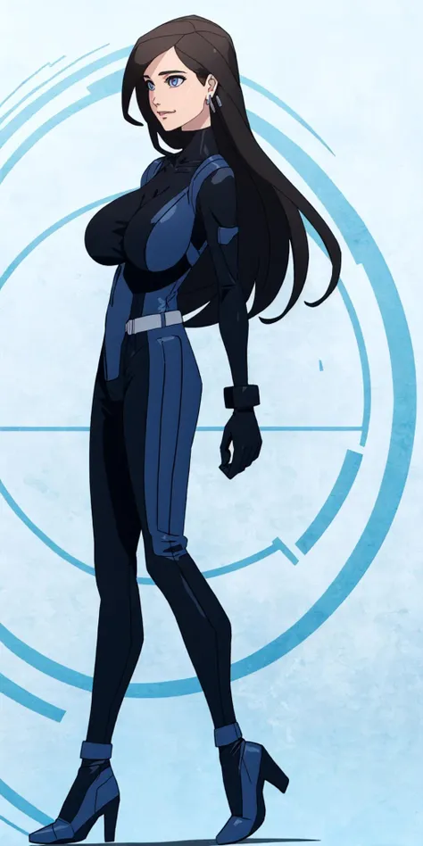 masterpiece, high quality, best quality, 1girl, solo, (muscular female:1.0), (super gigantic breasts:1.0), (closed mouth, half smile), harah, long hair, brown hair, blue eyes, dark skin, large breasts, earrings, (black and blue color-blocked bodysuit:1.50), (((blue on the sides and black on the middle of the bodysuit:1.5))), lips, blue sclera, anime screencap, anime key visual, (fully clothed:1.0), full body <lora:Harah:1.0>
