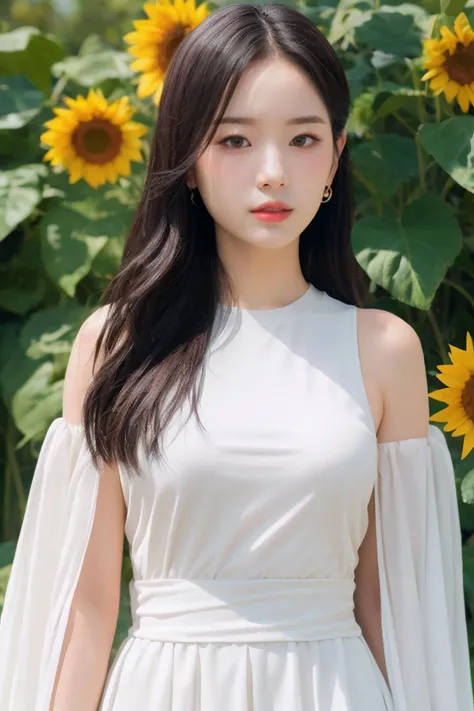 (mature body), (upper body:1.5), nikon RAW photo,8 k, Fujifilm XT3,masterpiece, best quality, realistic, photorealistic, ultra detailed, extremely detailed face, solo,1girl, standing, fashionable and trendy atmosphere, and a stylish expression on her face, close up, (narrow waist), white dress on field of sun flowers,