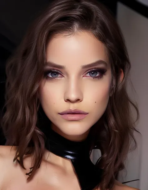 Portrait of a ((stunning)) woman, black choker, 4K, high quality, masterpiece,ethereal,looking at the camera, <lora:barpalvin2-15:0.8>, full lips, ((glossy lips))