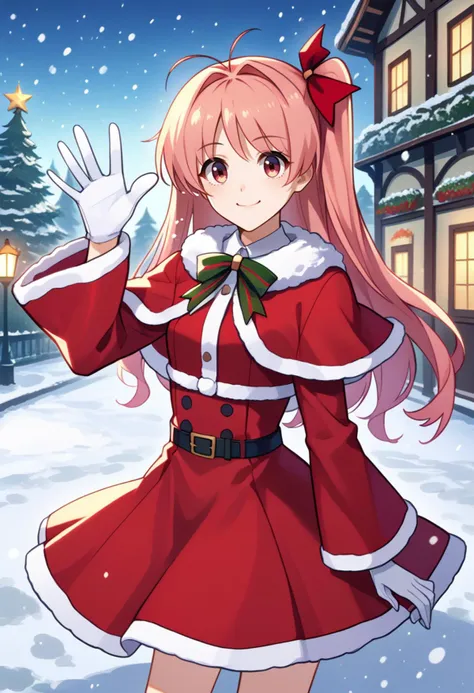 score_9, score_8_up, score_7_up, source_anime, solo, 1girl, sakihata rimi, smile, looking at viewer, waving, antenna hair, one side up, hair ribbon, christmas, fur trim, red capelet, red dress, fur-trimmed dress, long sleeves, white gloves, snowing, outdoors <lora:chaoshead_sakihata_ponyXL-000008:1>