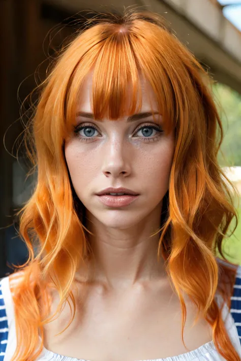 portrait of a woman, beautiful face, beautiful woman, emilyrudd, orange_hair, medium_hair, blue_eyes, sailor_stripped_shirt, blue_stripped_shirt, portrait, upper body, (short and wavy hair with bangs:1.4), <lora:emilyrudd_lora:0.7>, <lora:add_detail:0.8>