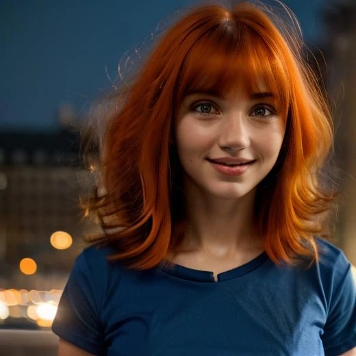 1girl,(wearing a blue tshirt:1.4),(dark orange hair:1.4),(short and wavy hair with bangs:1.4),(RAW photo, best quality), masterpiece, an extremely delicate and beautiful, extremely detailed, 2k wallpaper, Amazing, finely detail, extremely detailed CG unity 8k wallpaper, ultra-detailed, highres, soft light, beautiful detailed girl, extremely detailed eyes and face, beautiful detailed nose, beautiful detailed eyes,cinematic lighting,city lights at night,perfect anatomy,slender body,(light smile), <lora:emilyrudd_lora:0.7>