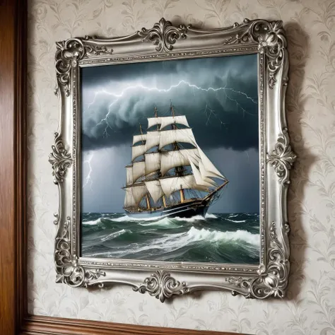 <lora:CalliyFSDXL:1>, a silver CalliyF frame around a photo of a ship in a wild storm, hanging on a wall in an old house,