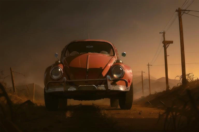 analog gloomy photo of a (dark red) Volkswagen Beetle car, <lora:vwb33tl3:1>, ((three quarter view)), (dark sunset), driving on a dirt road, (dilapidated town), 1969, ((horror )), slasher film, texas chainsaw massacre, amish cult, film grain, retro, High Detail, Sharp focus, ((photorealism)), realistic, best quality, 8k, award winning, dramatic lighting, epic, cinematic, masterpiece