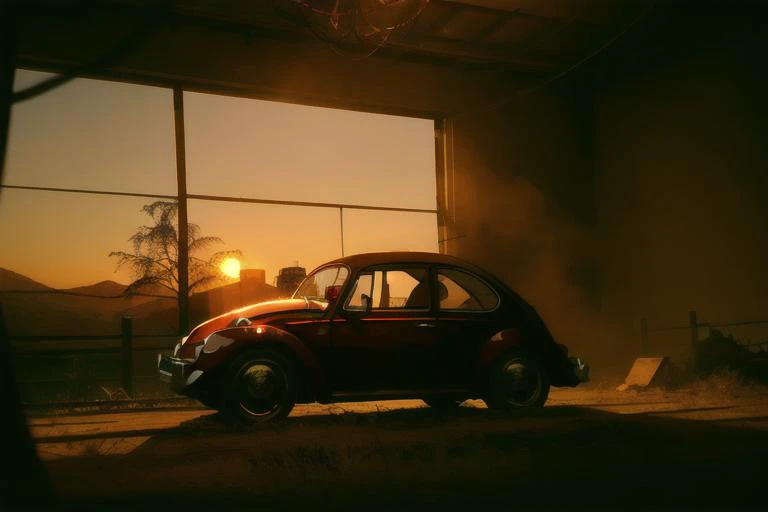 analog gloomy photo of a (dark red) Volkswagen Beetle car, <lora:vwb33tl3:1>, ((three quarter view)), (dark sunset), driving on a dirt road, (dilapidated town), 1969, ((horror )), slasher film, texas chainsaw massacre, amish cult, film grain, retro, High Detail, Sharp focus, ((photorealism)), realistic, best quality, 8k, award winning, dramatic lighting, epic, cinematic, masterpiece