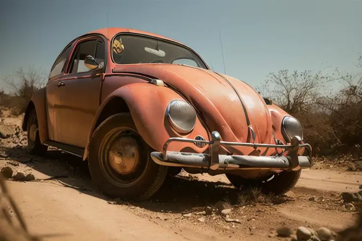 analog gloomy photo of a red Volkswagen Beetle car, <lora:vwb33tl3:1>, ((three quarter view)), (dark sunset), driving on a dirt road, (dilapidated town), 1969, ((horror movie)), slasher film, texas chainsaw massacre, film grain, retro, High Detail, Sharp focus, ((photorealism)), realistic, best quality, 8k, award winning, dramatic lighting, epic, cinematic, masterpiece