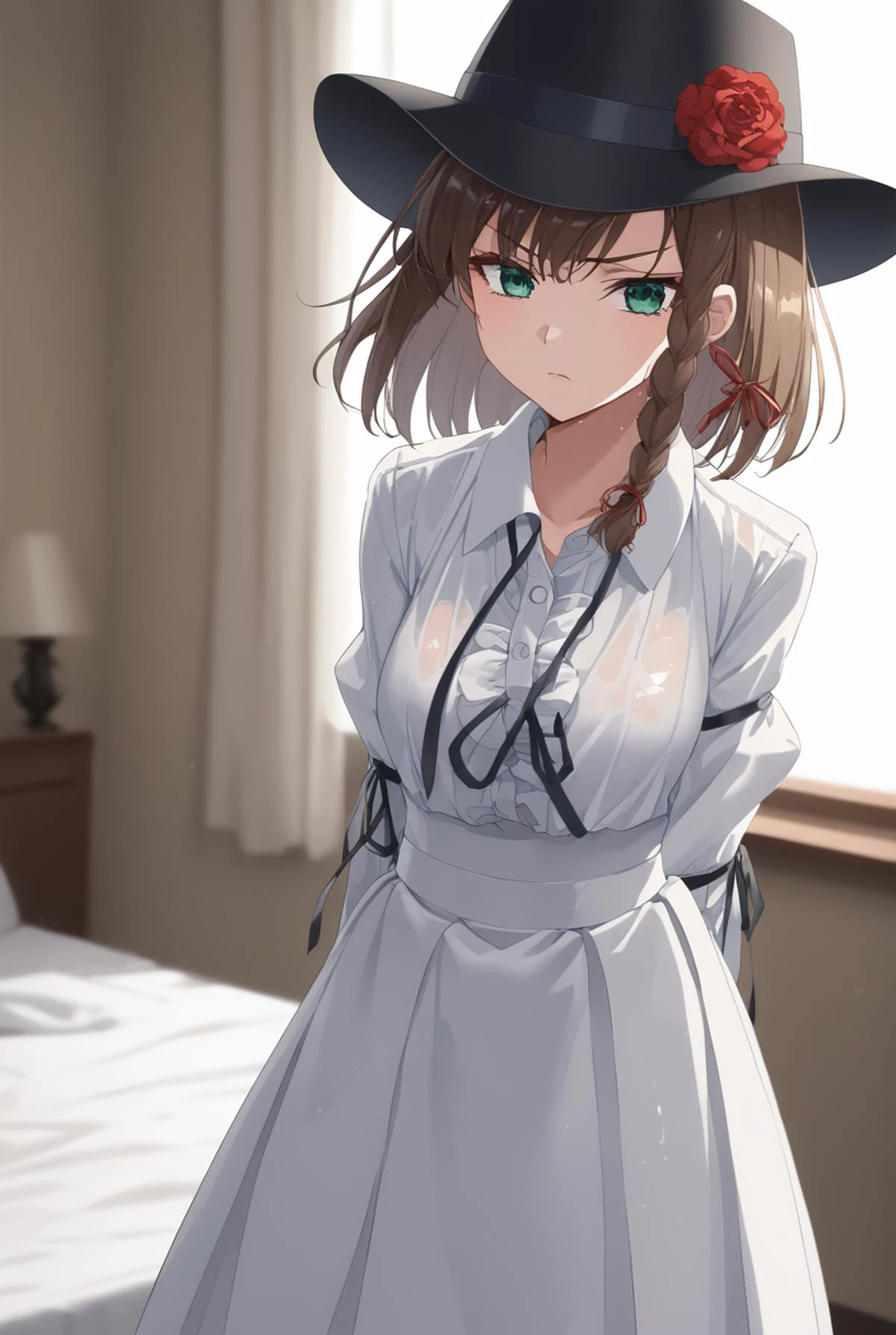 score_9, score_8_up, score_7_up,BREAK source_anime
masterpiece,8k,uncensored,(highres:1.3),high resolution, unity 8k wallpaper, detailed face, detailed CG, (perfect hands:1.5, perfect anatomy), (high quality, best quality) (curvy:1.2)(shiny skin:1.4) (oily skin:1.4),wet,
angry, pout, eyeshadow, closed mouth,
bed, bedroom, downblouse,
standing, legs together, arm behind back, holding knife,
<lora:charlotte_corday:1>short hair, brown hair, braid, green eyes, hat, white shirt, long sleeves, ribbon, red flower, black flower, white skirt.
<lora:Code geass:0.8>,