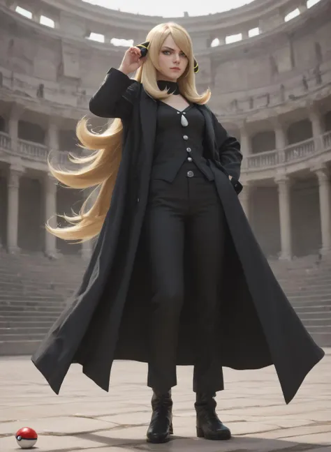 score_9, score_8_up, score_7_up, score_6_up, score_5_up, score_4_up,, vivid color, masterpiece, highly detailed, <lora:CynthiaPokemonPDXL:1> zzCynthia, solo, 1girl, blonde, long hair, black coat, black pants, pokeball in right hand, background, roman coliseum, dynamic pose, serious look