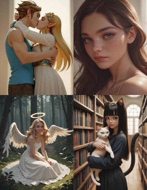 https://civitai.com/articles/5300 ___ All images: score_9, score_8_up, score_7_up ___ 1st image: 1girl, 1boy, Princess_Zelda, \(The_Legend_of_Zelda:_Breath_of_the_Wild\), standing, kiss, hug, closed_eyes ___ 2nd image: 1girl, lovely face, portrait, close-up, looking_at_viewer, closed_mouth ___ 3rd image: 1girl, solo, blonde_hair, wavy_hair, angel, angel_wings, halo, smile, sitting, forest, white_dress ___ 4th Image: 1girl, solo, long_hair, black_hair, blunt_bangs, straight_hair, round_eyewear, cat_girl, cat_ears, cat_tail, standing, hug cat, looking_at_viewer, library