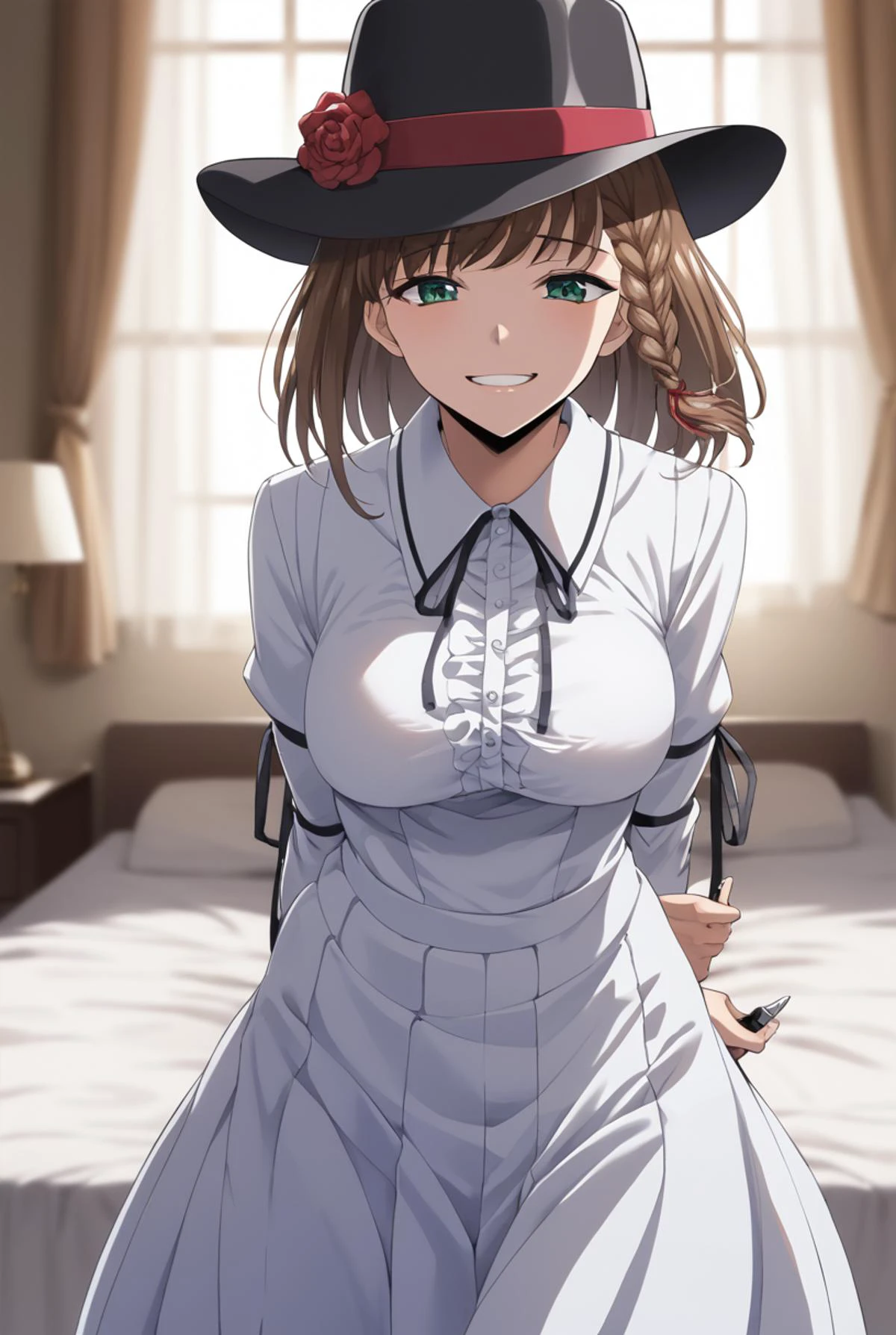 score_9, score_8_up, score_7_up,BREAK source_anime
masterpiece,8k,uncensored,(highres:1.3),high resolution, unity 8k wallpaper, detailed face, detailed CG, (perfect hands:1.5, perfect anatomy), (high quality, best quality) (curvy:1.2)(shiny skin:1.4) (oily skin:1.4)
evil smile, gesugao, shaded face, wide_smile,
bed, bedroom, downblouse,
standing, legs together, arm behind back, holding knife,
<lora:charlotte_corday:1>short hair, brown hair, braid, green eyes, hat, white shirt, long sleeves, ribbon, red flower, black flower, white skirt.
<lora:Code geass:0.8>