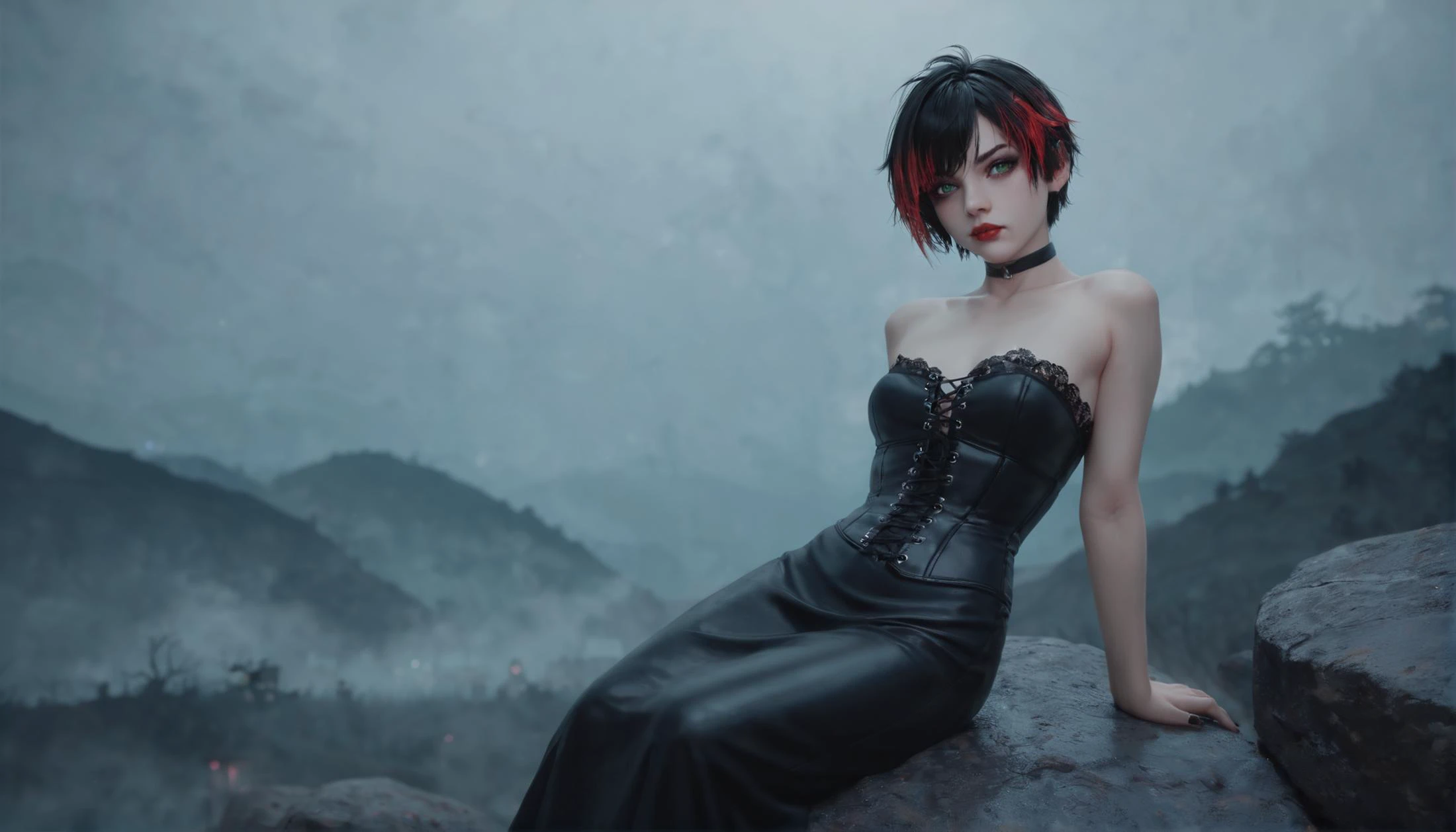 1girl, aged up, tomboy, short messy red hair, streaked hair, green eyes, medium breasts, pale skin, red lips, black eyeshadow, makeup, black nail polish, lace up black leather corset dress, black choker, gothic, fog, horror \(theme\), surreal, hill, sitting on a rock, looking at viewer, expressionless, dark, night, night sky, bokeh, score_9, score_8_up, score_7_up, score_6_up, score_5_up, score_4_up