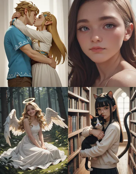 https://civitai.com/articles/5300 ___ All images: score_9, score_8_up, score_7_up ___ 1st image: 1girl, 1boy, Princess_Zelda, \(The_Legend_of_Zelda:_Breath_of_the_Wild\), standing, kiss, hug, closed_eyes ___ 2nd image: 1girl, lovely face, portrait, close-up, looking_at_viewer, closed_mouth ___ 3rd image: 1girl, solo, blonde_hair, wavy_hair, angel, angel_wings, halo, smile, sitting, forest, white_dress ___ 4th Image: 1girl, solo, long_hair, black_hair, blunt_bangs, straight_hair, round_eyewear, cat_girl, cat_ears, cat_tail, standing, hug cat, looking_at_viewer, library