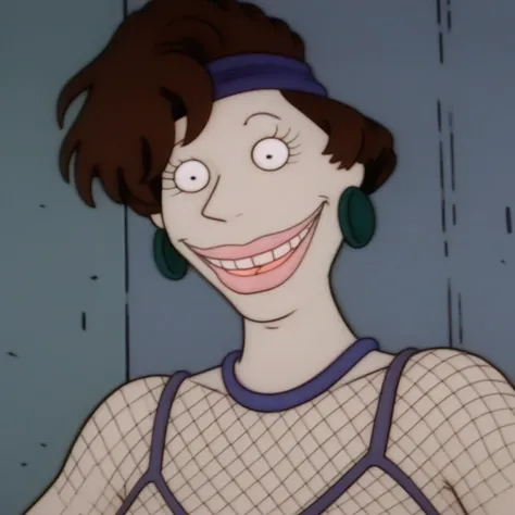 <lora:PonyXL_Betty DeVille:2.5> betty_deville, 1girl, breasts, brown hair, dark purple sweatband, dark blue earrings, lips, mouth open, teeth, smile, portrait, hooker, prostitute, harlot, fishnet stockings, pointy black bra, nsfw, source_cartoon, score_9, score_8_up, score_7_up,