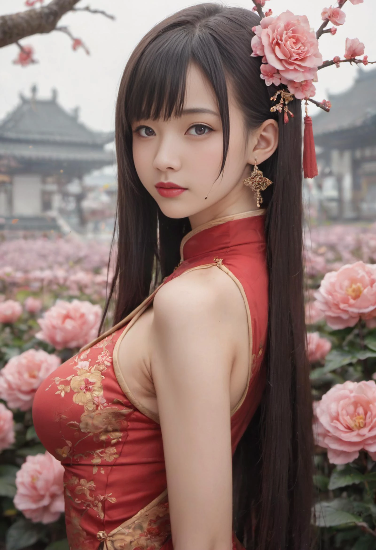 score_9,score_8_up,score_7_up,(masterpiece:1.2),(best quality:1.2),realistic,(highly detailed:1.2),8k,hd,cinematic light,blush,sexy ,slender,small hips,black flower,black hair,blood,branch,brown eyes,chinese clothes,dress,earrings,hair behind ear,hair ornament,hat,holding,long hair,looking at viewer,looking back,mole on cheek,pink flower,plectrum,portrait,outdoor,red lips,solo,upper body,blurry background,