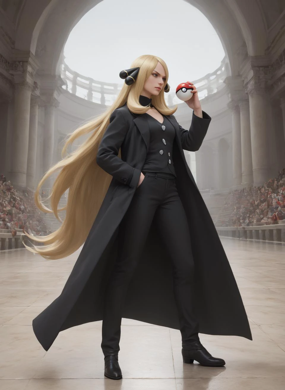 score_9, score_8_up, score_7_up, score_6_up, score_5_up, score_4_up,, vivid color, masterpiece, highly detailed, <lora:CynthiaPokemonPDXL:1> zzCynthia, solo, 1girl, blonde, long hair, black coat, black pants, pokeball in right hand, background, roman coliseum, dynamic pose, serious look
