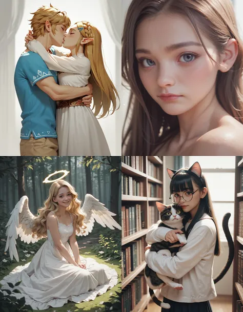 https://civitai.com/articles/5300 ___ All images: score_9, score_8_up, score_7_up ___ 1st image: 1girl, 1boy, Princess_Zelda, \(The_Legend_of_Zelda:_Breath_of_the_Wild\), standing, kiss, hug, closed_eyes ___ 2nd image: 1girl, lovely face, portrait, close-up, looking_at_viewer, closed_mouth ___ 3rd image: 1girl, solo, blonde_hair, wavy_hair, angel, angel_wings, halo, smile, sitting, forest, white_dress ___ 4th Image: 1girl, solo, long_hair, black_hair, blunt_bangs, straight_hair, round_eyewear, cat_girl, cat_ears, cat_tail, standing, hug cat, looking_at_viewer, library