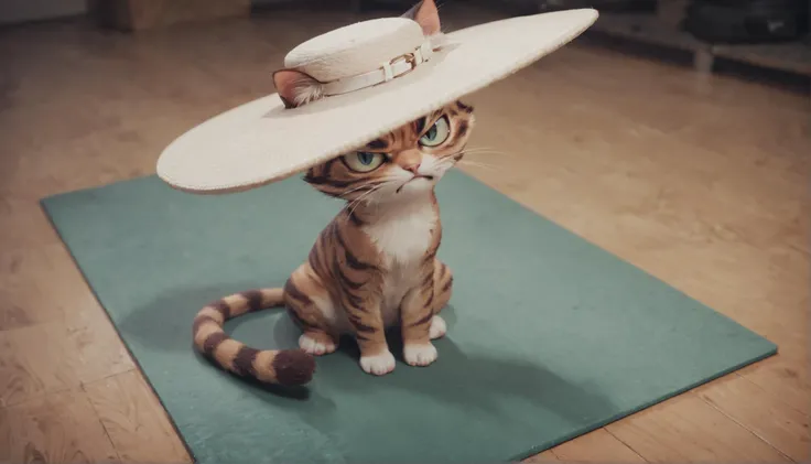 an angry cat, sitting on a mat, wearing a really big hat, score_9, score_8_up, score_7_up, score_6_up, score_5_up, score_4_up