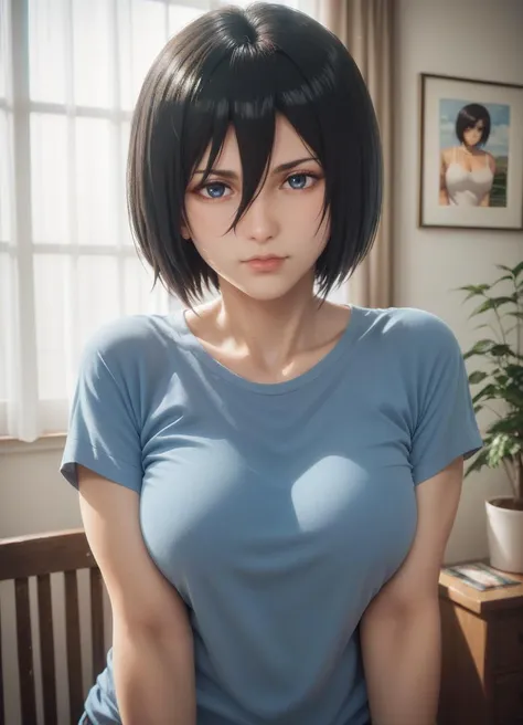 score_9, score_8_up, score_7_up, <lora:mikasa_ackerman_pony:0.8>, mikasa_ackerman, hair between eyes, short hair, photo, indoors, blue T-shirt, looking at viewer, large breasts