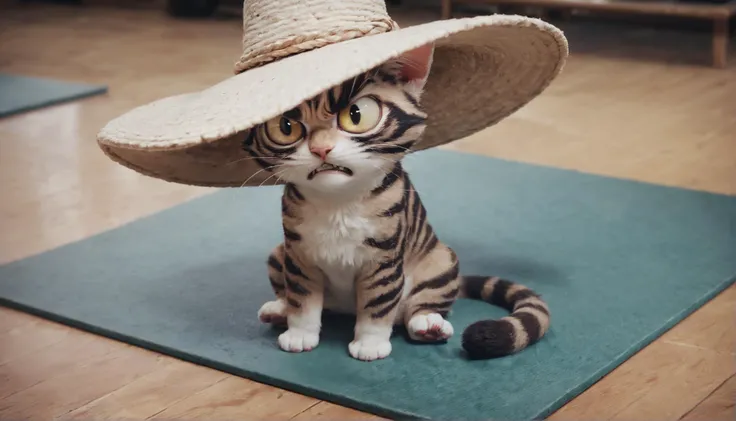 an angry cat, sitting on a mat, wearing a really big hat, score_9, score_8_up, score_7_up, score_6_up, score_5_up, score_4_up