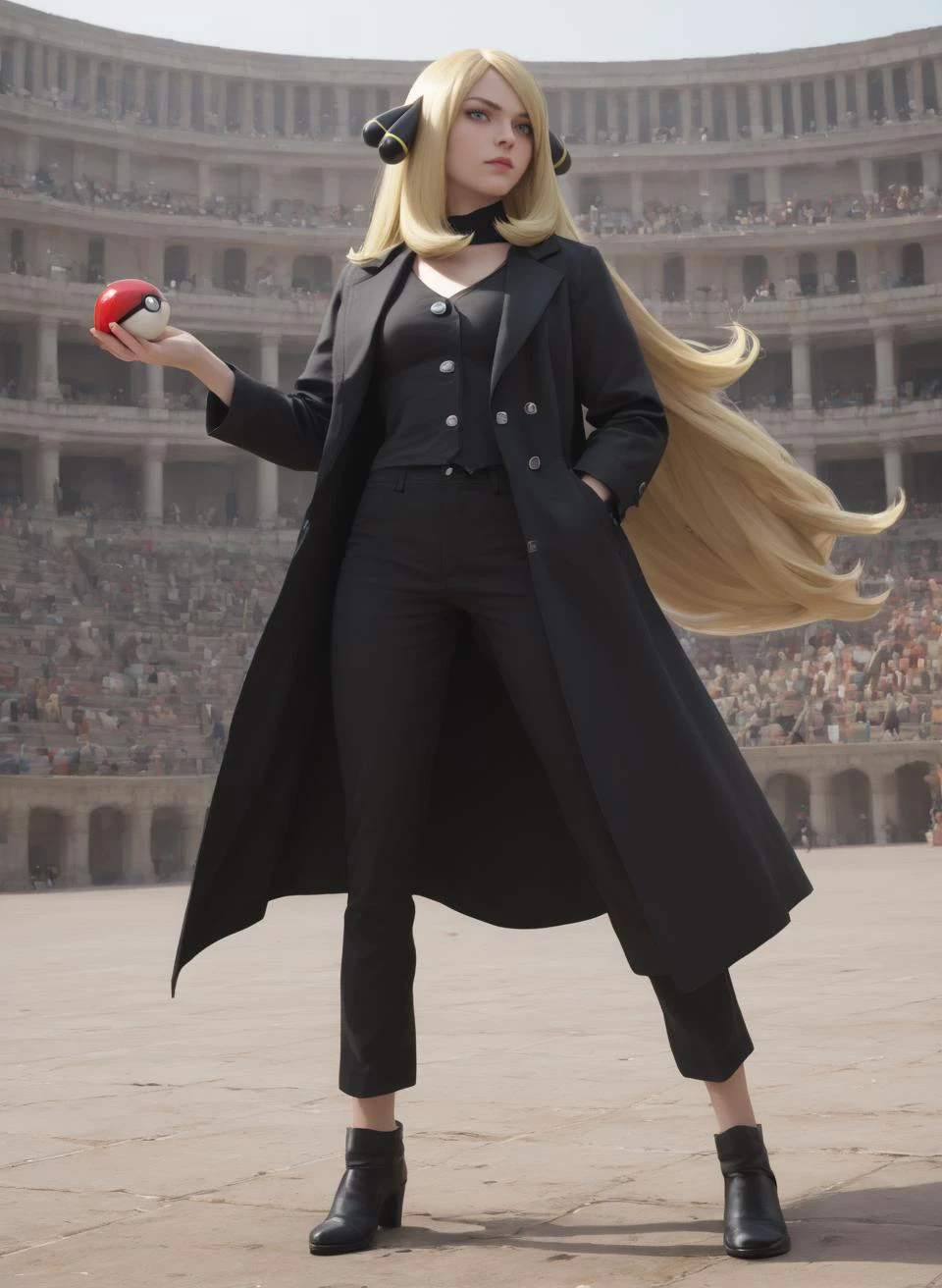 score_9, score_8_up, score_7_up, score_6_up, score_5_up, score_4_up,, vivid color, masterpiece, highly detailed, <lora:CynthiaPokemonPDXL:1> zzCynthia, solo, 1girl, blonde, long hair, black coat, black pants, pokeball in right hand, background, roman coliseum, dynamic pose, serious look