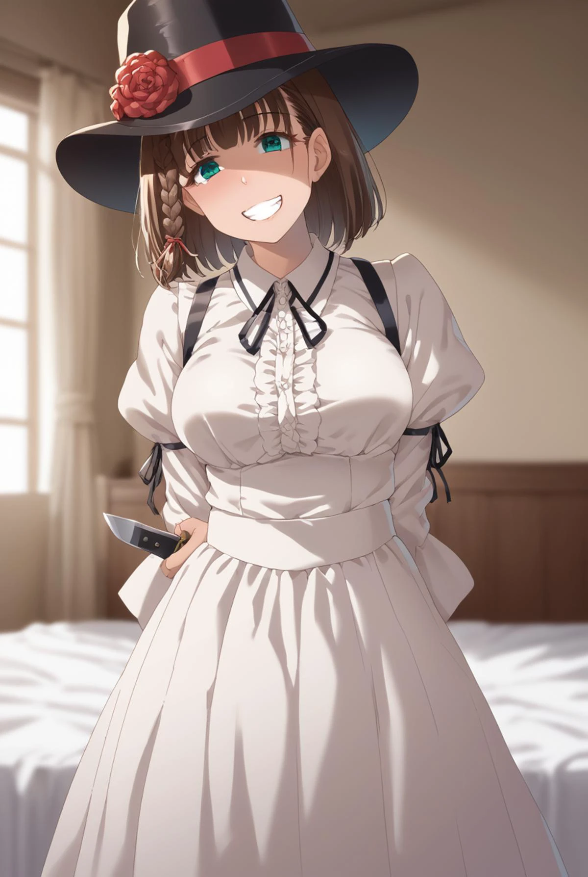 score_9, score_8_up, score_7_up,BREAK source_anime
masterpiece,8k,uncensored,(highres:1.3),high resolution, unity 8k wallpaper, detailed face, detailed CG, (perfect hands:1.5, perfect anatomy), (high quality, best quality) (curvy:1.2)(shiny skin:1.4) (oily skin:1.4)
evil smile, gesugao, shaded face, wide_smile,
bed, bedroom, downblouse,
standing, legs together, arm behind back, holding knife,
from behind,
<lora:charlotte_corday:1>short hair, brown hair, braid, green eyes, hat, white shirt, long sleeves, ribbon, red flower, black flower, white skirt.
<lora:tasaka_shinnosuke XL:0.8>