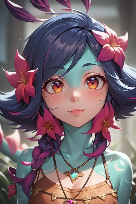 1girl, <lora:neekoLeagueOfLegends_v1:1>, 1girl, close up, portrait, neeko, facial marks, hair ornaments, hair flower, necklace, brown shorts, croptop, ((masterpiece)), (best quality), 8k, ultra-detailed, absurdress