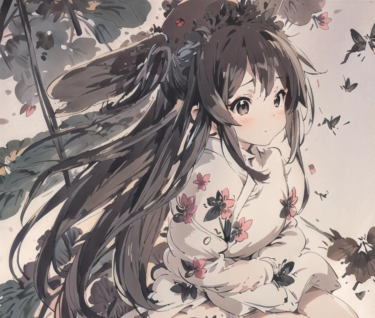 ((4k,masterpiece,best quality)), shuimobysim, traditional chinese ink painting, lotus,shukezouma, maxiskit, dress conservatively, 1 girl, solo, long hair,looking at viewer, tease,many butterflies near the girl,(azusa_nakano), black eyes, long hair, black hair,blush, twintails, (uniform),serious, angry, Disdainful ,closed mouth, (pout:0.8), puffy face,arrogant,butterfly, (curious), enthusiastic,two black cat,background big cat,cat,cat and girl