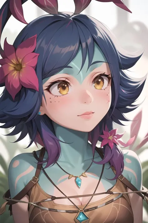 1girl, <lora:neekoLeagueOfLegends_v1:1>, 1girl, close up, portrait, neeko, facial marks, hair ornaments, hair flower, necklace, brown shorts, croptop, ((masterpiece)), (best quality), 8k, ultra-detailed, absurdress