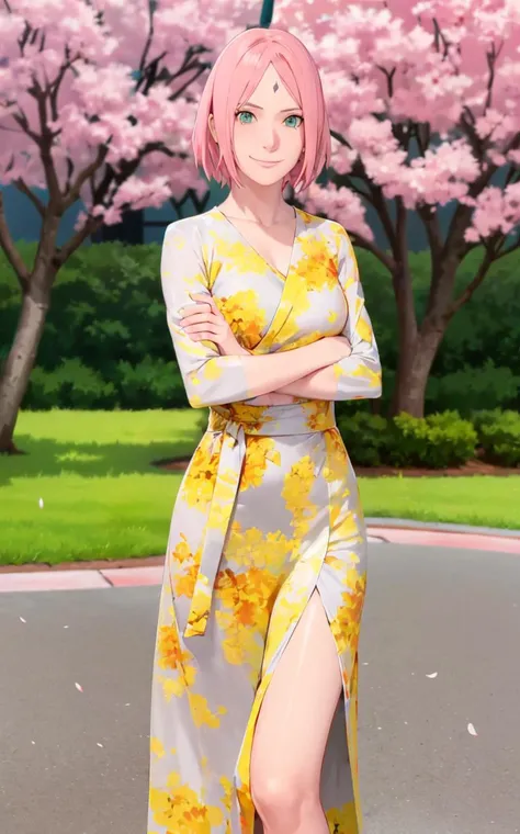 masterpiece,absurdres,1girl,haruno sakura,forehead mark,groin,bracelet,looking at viewer,crossed arms,smile,cherry blossoms,wind,floating hair,<lora:Sakura[Boruto]V2:0.7>,huangsezhanpaoc,<lora:huangsezhanpaoc:0.5>,
