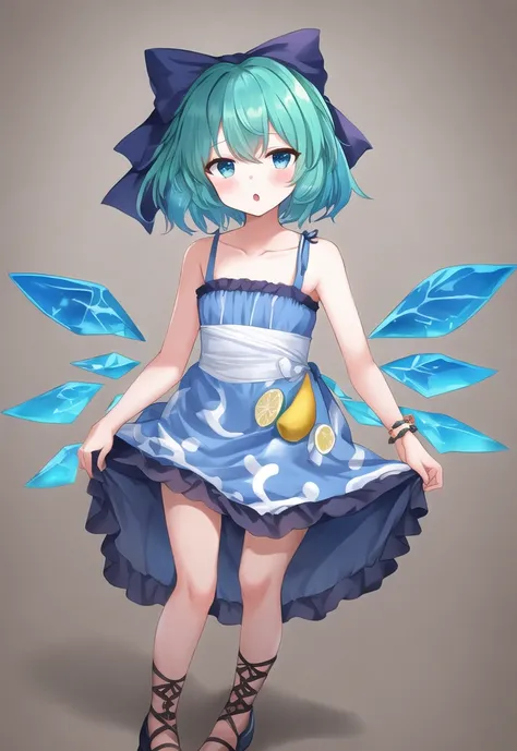 touhou_project cirno shocho_(shaojiujiu) high_resolution very_high_resolution simple_background white_background 1girl alternate_footwear alternative_costume alternative_hairstyle ankle_lace-up aqua_eyes bangs bare_arms bare_shoulders blue_bow blue_eyes blue_hair blue_hairband blue_wings bow brown_footwear clavicle clenched_hand clothing contemporary cross-laced_footwear detached_wings dress female food_print footwear footwear_bow fruit_print full_body gradient gradient_wings green_bow hairband hair_between_eyes hair_bow hairclip hair_ornament head_tilt lemon_print looking_at_viewer low_twintails multicolored_wings :o open_hand parted_lips pleated_dress print_dress sandals short_dress short_hair short_twintails sleeveless sleeveless_dress solo spaghetti_strap spread_legs standing sundress tied_hair twintails white_bow white_dress wings wrist_extended x_hair_ornament