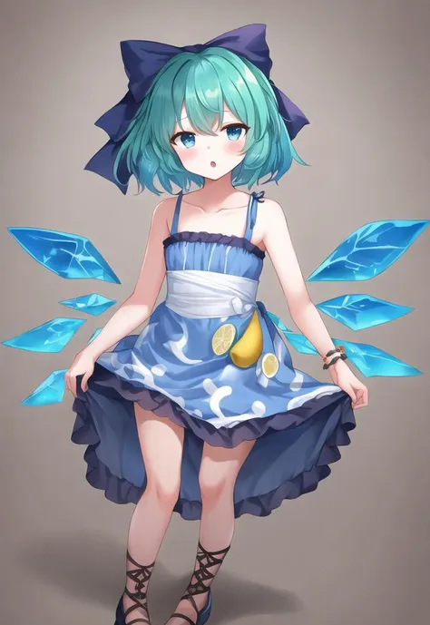 touhou_project cirno shocho_(shaojiujiu) high_resolution very_high_resolution simple_background white_background 1girl alternate_footwear alternative_costume alternative_hairstyle ankle_lace-up aqua_eyes bangs bare_arms bare_shoulders blue_bow blue_eyes blue_hair blue_hairband blue_wings bow brown_footwear clavicle clenched_hand clothing contemporary cross-laced_footwear detached_wings dress female food_print footwear footwear_bow fruit_print full_body gradient gradient_wings green_bow hairband hair_between_eyes hair_bow hairclip hair_ornament head_tilt lemon_print looking_at_viewer low_twintails multicolored_wings :o open_hand parted_lips pleated_dress print_dress sandals short_dress short_hair short_twintails sleeveless sleeveless_dress solo spaghetti_strap spread_legs standing sundress tied_hair twintails white_bow white_dress wings wrist_extended x_hair_ornament