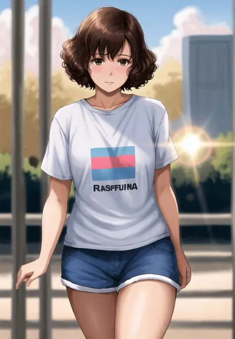 A beautiful 21-year-old Brazilian girl with a petite figure, dark and smooth skin, and a heart-shaped face, big and inquisitive eyes, short curly hair styled in a pixie cut, a small nose, and plump lips, curious expression, round cheeks and a confident appearance, wearing a casual t-shirt and shorts, seen at a park, playing, (visible pores:0.3) (smooth detailed skin:0.9), high quality, film grain, Fujifilm XT3, f1.2, zoom out, whole body, sunlight, white sunbeams, 4k, realistic, ultra detailed, masterpiece, highres, (by Alphonse Mucha:0.5) ((Ultra detailed)), natural hair,