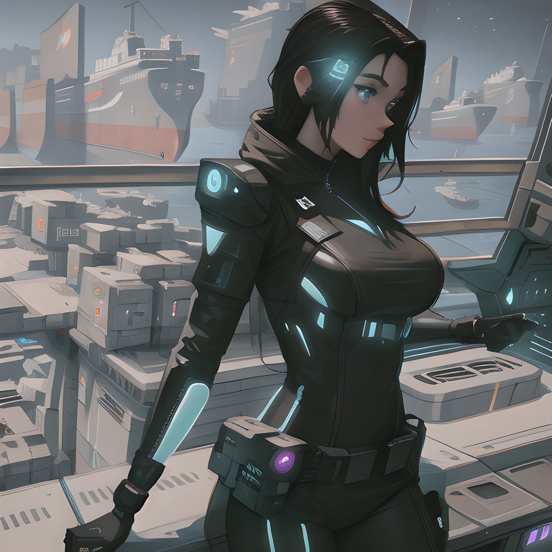 best quality, shaders, full color, super size <lora:samdoesartsSamYang_offsetRightFilesize:1>, cute eyes, super detailed, very high shaders, virtual, above are space bridgeheads and ships, a little cyberpunk, super detailed, behind glass