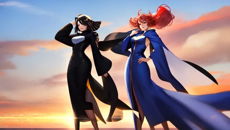 Anime, (vibrant Colors:1), Pretty Woman, looks to the horizon, hands on her hips, showing off fine make up skin and gleaming eyes, medium shot., mid-shot, (crazy eyes:1) (crazy smile:1) (wlop:1) <lora:johnsondesuv15-320-e1:0.6> <lora:crazyExpressions:0.6> <lora:wlopStyleLora_30Epochs:0.6>
