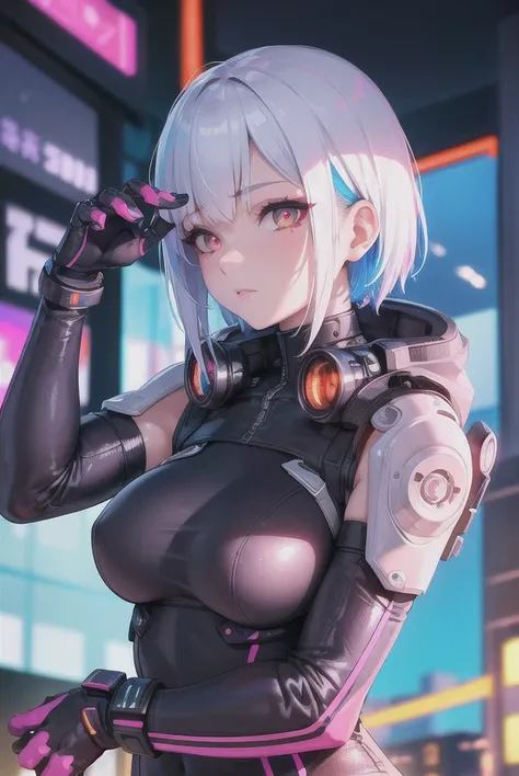 ((masterpiece)), (best quality), beautiful, extremely detailed face, perfect lighting,ultra-detailed, 8k,textured skin, beautiful detailed face, beautiful detailed eyes, ambient light, realistic shadows, beautiful detailed pupils, cute,detailed fingers,mature female,lucy \(cyberpunk\), 1girl, neon palette, science fiction, short hair, solo, close up, cyberpunk edgerunners,multicolored hair,White hair, night time , ,multicolored eyes, cyberpunk, medium breast, clothed,outdoor, cyberpunk city background,