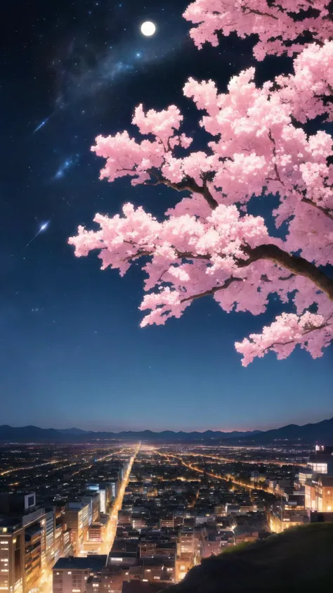 (masterpiece, best quality:1.1), space, night sky, stars, moon, cityscape, hill, forest, detailed gradient eyes, (long hair:1.2), (flowing hair:1.1), (starlight:1.3), (nebula:1.2), (night scene:1.1), (night view:1.1), (city lights:1.2), (sakura tree:1.1), (twinkling lights:1.3), starrygirl