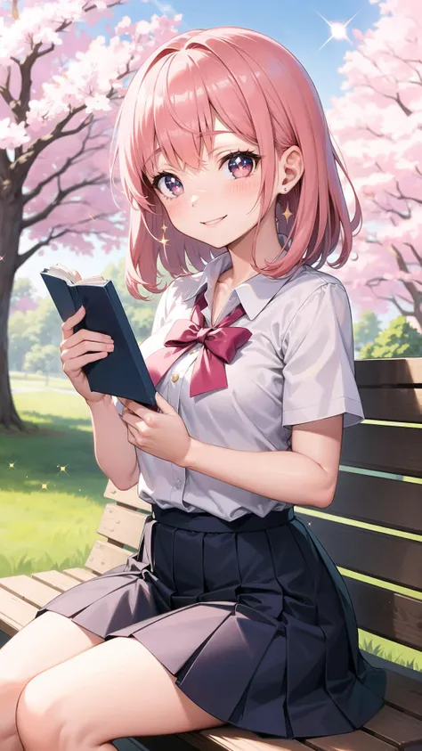 masterpiece, best quality, small breasts, shiny skin,1girl, cute, innocent look, (pink hair:1.2), (big eyes:1.5), smiling, (school uniform), (holding a book), (sitting on a bench), (cherry blossom trees), (soft shading), (pastel colors), (blushing:1.3), (sparkles:1.5)
