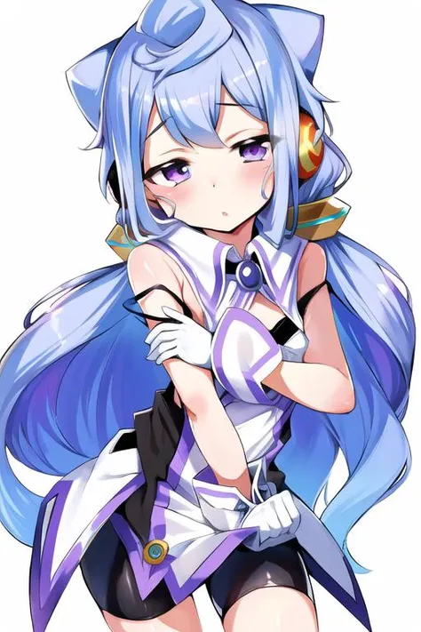 1boy, solo, masterpiece, best quality, absurdres, cute, extremely detailed face, perfect lighting, <lora:hacka_doll_3:0.8>, hacka doll 3, very long hair, blue hair, purple eyes, hair ornament, headphone, bare shoulders, white dress, black camisole, strap slip, bike shorts, white glove,