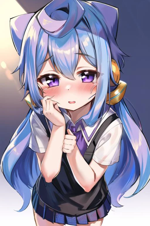1boy, solo, masterpiece, best quality, absurdres, cute, extremely detailed face, perfect lighting, <lora:hacka_doll_3:0.8>, hacka doll 3, very long hair, blue hair, purple eyes, hair ornament, headphone, school uniform, pleated skirt, blush