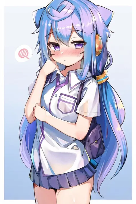 1boy, solo, masterpiece, best quality, absurdres, cute, extremely detailed face, perfect lighting, <lora:hacka_doll_3:0.8>, hacka doll 3, very long hair, blue hair, purple eyes, hair ornament, headphone, school uniform, pleated skirt, blush