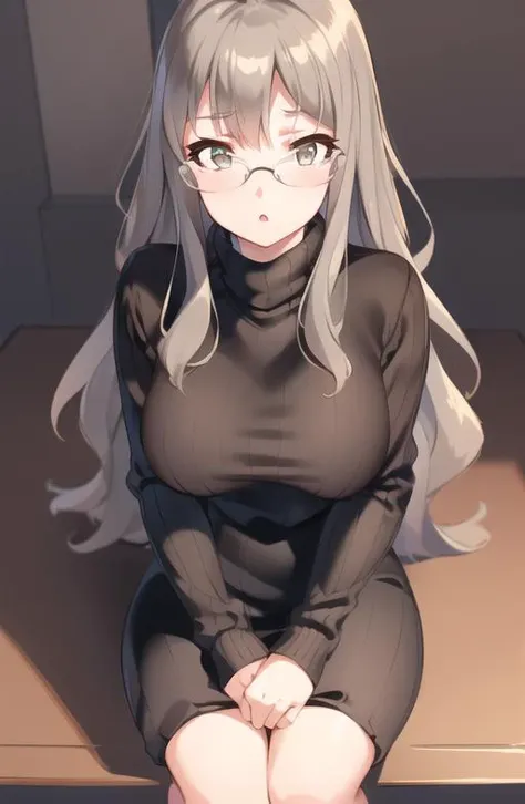 masterpiece, high quality, best quality, high resolution, 4k, high definition, beautiful lighting,highly detailed face, well drawn hands, well drawn legs,well drawn feet,well drawn eyes,1girl,futaba,grey hair, long hair, glasses,brown eyes,big breasts, turtleneck sweater, <lora:futaba_rio-04:1>